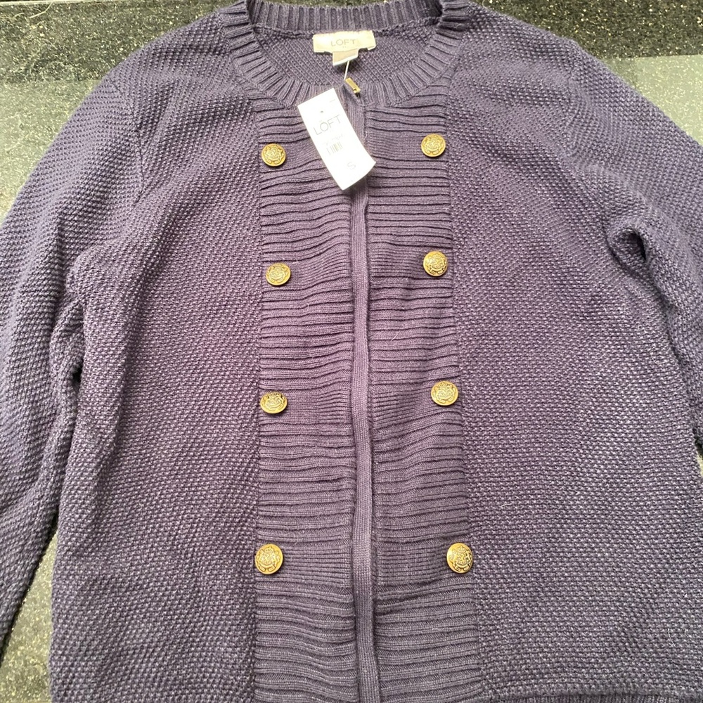 NWT LOFT Navy Blue Cardigan with Gold Buttons